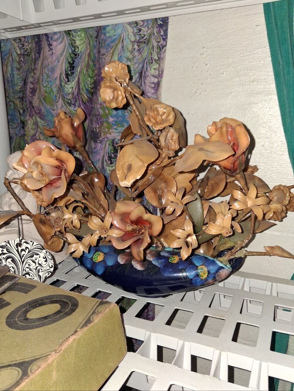 Decorative Tan Floral Arrangement in Blue Bowl Italian Pottery Signed Fake Flowe